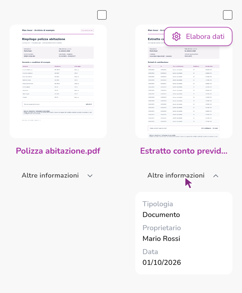 Le anteprime dei PDF di test sono completamente caricate. Un clic su Altre informazioni mostra proprietario, tipologia e data dell’estratto conto previdenziale di Mario Rossi. Documenti e dati interamente fittizi.